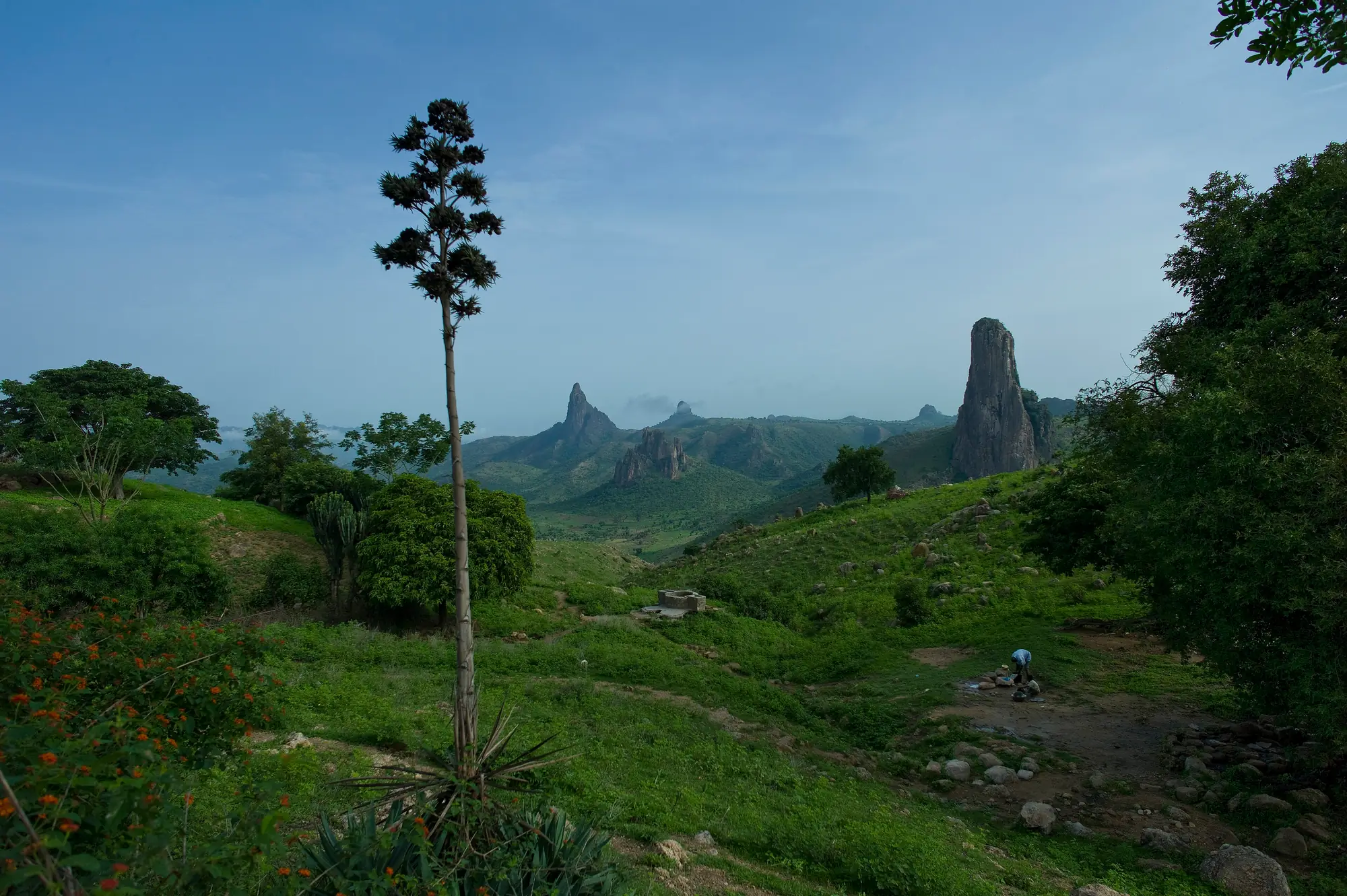 Volcanic rock spires around Rhumsiki in the Mandara Mountains, behind green hills, shortly after sunrise.